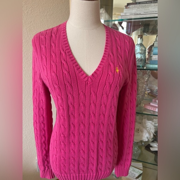 Ralph Lauren Sweaters - EUC Ralph Lauren Sport Size L Fuchsia V Neck Cable Knit Sweater